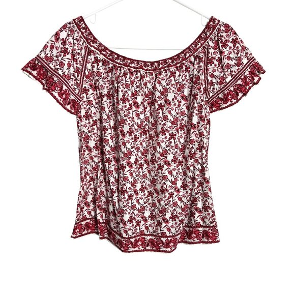 Max Max Studio London Red Floral Boho Peasant Top Size Small on off shoulder - Picture 2 of 6